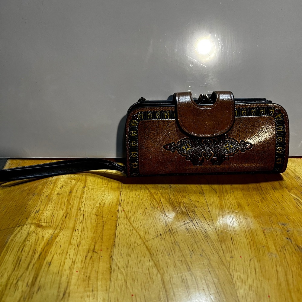 Vintage Wristlet Wallet Brown Floral Tooled Western Boho Kiss Lock Snap